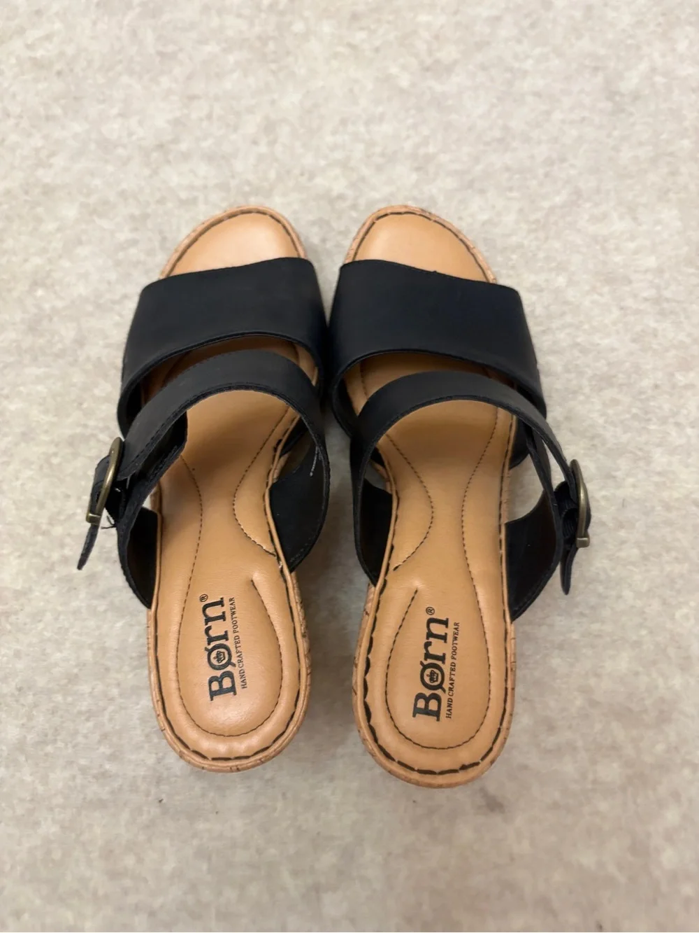 Born Black Leather Straps Slip On Cork Wedge Sandal Women’s size 9